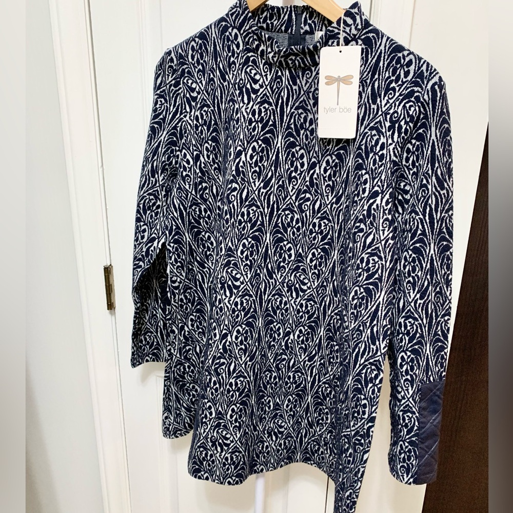 Tyler Boe Crissy Capelet Jacquard Tunic Top - Chrissy Navy -  L - 12 14 NEW